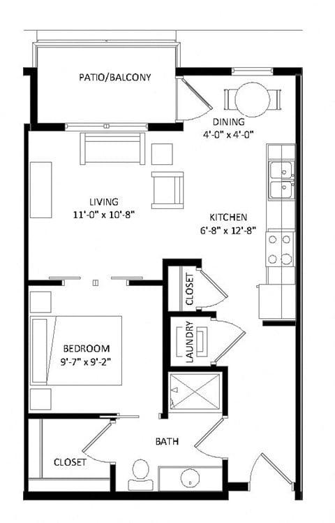 Floor plan for studio, 1 bath, 577 sqft